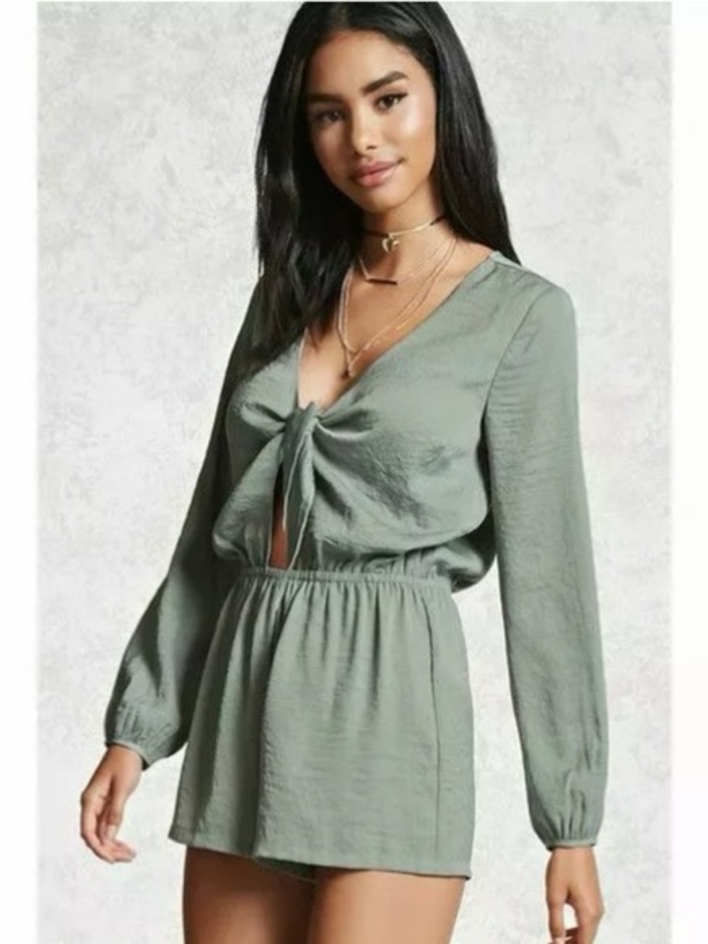 Forever 21 Sage Green Romper Size L Tie Front Long Sleeve Flowy